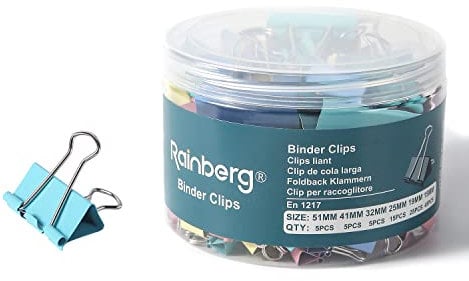Rainberg Binder Clips, 100pcs Assorted Size Foldback Metal Binder Paper Clamps for Paperwork, Extra Small Medium Large 6 Sizes - 51mm, 41mm, 32mm, 25mm, 19mm, 15mm. (Multy Colour)