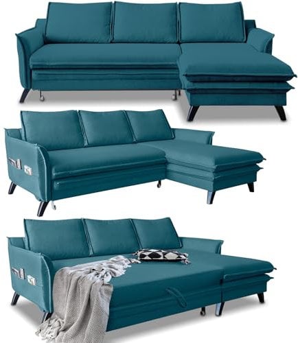 MIUFORM Ecksofa mit Schlaffunktion und Bettkasten | Charming Charlie | Wohnlandschaft Mit Schlaffunktion Couch Schlafcouch Wohnzimmer Gästezimmer | Holzlfüße Boho-Stil (Türkis Rechts ausgerichtet)