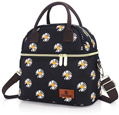 Hafmall Insulated Lunch Bag for Women, 9L Dual Compartment Lunch Cool Bag for Work School, Adult Lunch Bag with Shoulder Straps, Black+Daisy