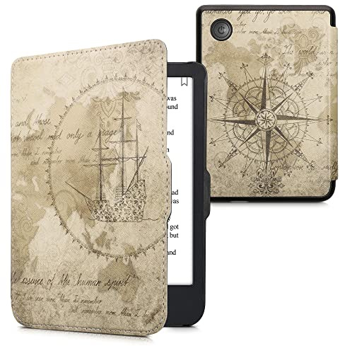 kwmobile Schutzhülle für Kobo Clara 2E / Tolino Shine 4 Hülle - eReader Flip Case mit Auto Sleep Funktion - Travel Vintage mit Braun Hellbraun