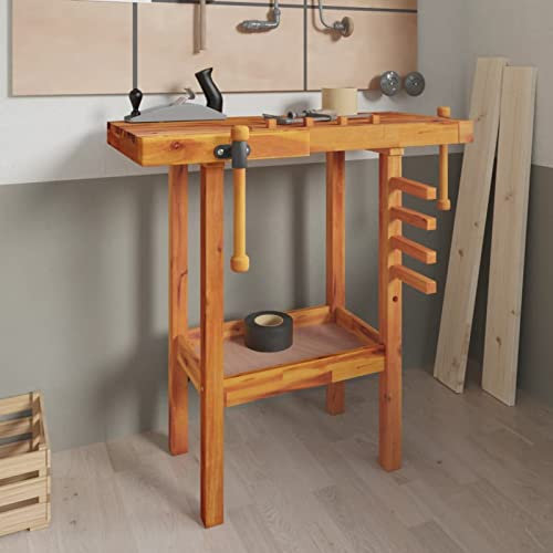 Tidyard Werkbank mit Schraubstöcken Werktisch Werkstatttisch Arbeitstisch mit Ablagen Garage Aufbewahrung Aufbewahrungstisch Werkstatt Werkstatttisch Montagewerkbank 92x48x83 cm Massivholz Akazie