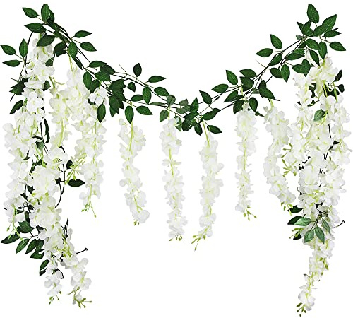 CISDUEO 2 Pcs Wisteria Hanging Flowers Wisteria Flowers Vine Garland Wedding Arch Decoration White Artificial Wisteria Vines Hanging Flower Vines Silk for Party Garden Home Table Backdrop 6 Feet