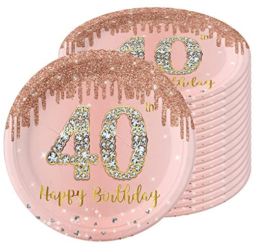 16 Platos Desechables de 9 Pulgadas, Rosa Dorado para Cumpleaños de 40 Años, Decoración y Kit de Vajilla para Fiestas
