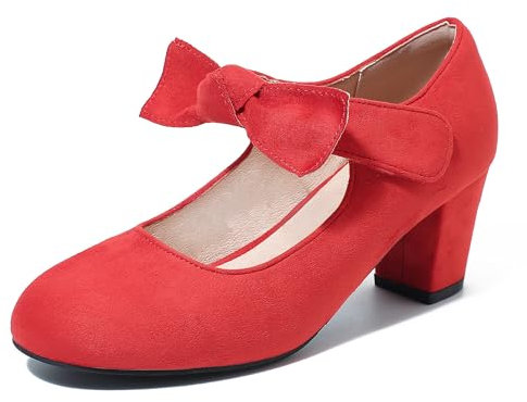 fereshte Womens Bow Heels Mary Jane Shoes Closed Toe Chunky Heel Dress Pumps, Red Small Bow, 6 UK