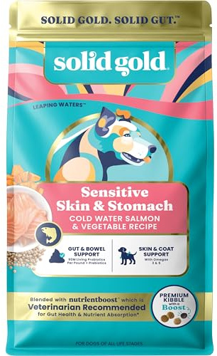 Solid Gold Salmon Dog Food for Sensitive Stomachs – Grain Free & Gluten Free Kibble w/Probiotics to Support Gut Health & Digestion - Sensitive Stomach Dog Food for All Ages – Nutrientboost™ – 22 LB