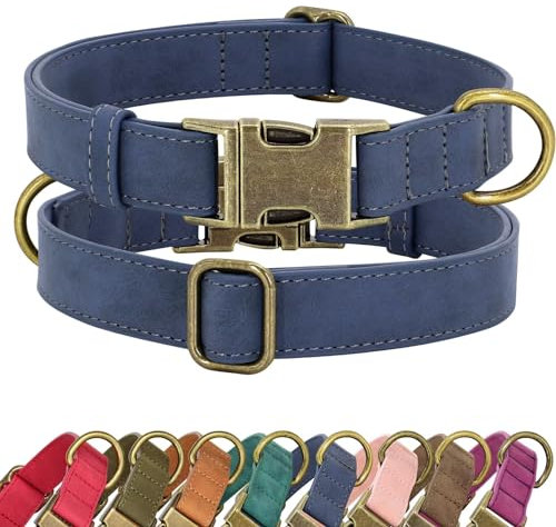 Didog Hundehalsband aus weichem Leder, langlebig, strapazierfähig, mit Schnellverschluss-Metallschnalle, verstellbares Hundehalsband aus Leder für mittelgroße und kleine Hunde, Blau, M