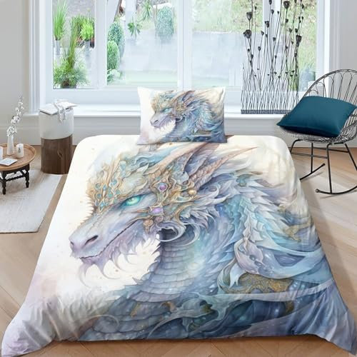 OPSREY Drache Steppdeckenbezug Atmungsaktiv Bed Linen Sets Kissenbezug Drache King Bettbezug Satin Bettdeckenbezug Verstecktes Scharnier Bettwäsche Set Zip-Verschluss Single（135x200cm）