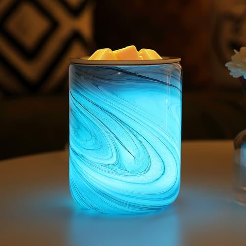 Grey Marble Swirl Electric Wax Melt Burner Art Glass Scented Candle Warmer with Timer and 7 led Color Changing Removable Ceramic and Silicone Dish for Wax Melts Fragrance Oil Night Light for Home