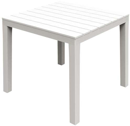 Briconess.com Weißer quadratischer Tisch 80 x 80 cm aus Kunstharz in Holzlattenoptik Bali
