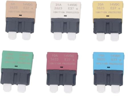 Flachsicherung mit Automatischer Rückstellung, 6-teiliges Sicherungssortiment-Set E37 ATM Mini-Leistungsschalterschutz 5 A 10 A 15 A 20 A 25 A 30 A 14 V DC