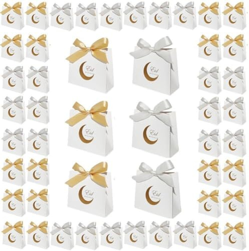 Tsffae 50pcs Ramadan Behandlungsgeschenke Kisten Muslim Eid Candy Boxen für Gäste Einfache Eid Mubarak Verpackung Geschenkbox Mubarak Ramadan Dekoration
