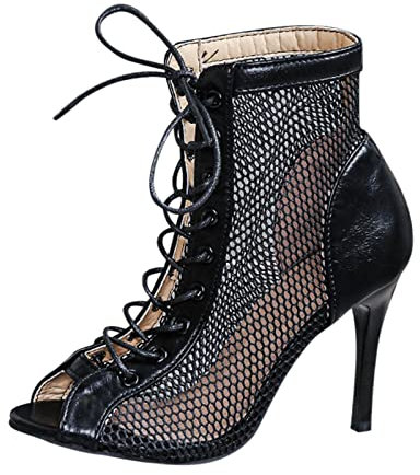 Stivali da donna alla moda, estivi, in rete, con tacco alto, in stile romano, con lacci e lacci, traspiranti, tacchi alti, stivaletti a spillo, scarpe stringate, Nero , 42 EU