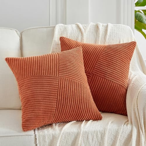 FDTERN 2er Set Karamell Boho Dekorativ Kissenbezug 50x50 mit Diagonales Gestreiftes Muster Weich Kordsamt Kissenhülle Zierkissenbezüge Sofakissen Dekokissen Deko für Sofa Schlafzimmer Wohnzimmer