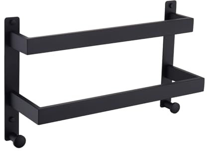 Hoooh Double barre porte-serviettes noire mate avec crochets de 40,6 cm pour salle de bain, échelle à 2 niveaux, porte-serviettes en acier inoxydable, étagère murale