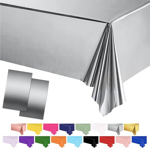 POPOYU 2Pcs Large Metallic Foil Table Cloth Silver Tablecovers,137 * 274cm Plastic Waterproof Table Covers Silver Party Table Decoration for Christmas,Birthday,Graduation,Wedding Party Supplies