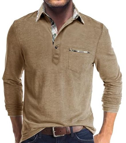 Comilaka Men's Polo Long Sleeve Casual Contrasting Color Polo Shirts with Pocket M-4XL Khaki