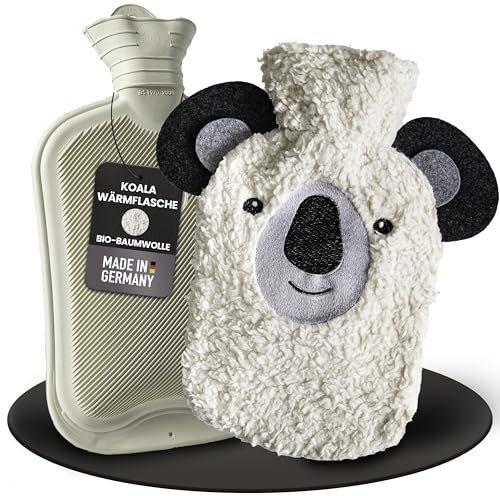 Kuschel Wärmflasche Tier [0,8L] aus extra weicher Bio-Baumwolle und Recycling Filz - Made in Germany - Wärmflasche Tier - Lustige Wärmflasche Kinder (Koala)