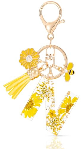 MWOOT Letter Keychains Initiale Lettre Porte Clef Lettre N,Alphabet Initial Keyring avec Pampille Pendentif,Jaune Pétales Feuille D'or Key Ring pour Femmes Filles Portefeuilles Sac à Main Charme(N)