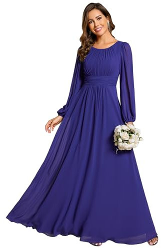 Ever-Pretty Women's Dresses Evening Round Neck A-Line Long Sleeve Bridesmaid Dresses Sapphire Blue 18UK
