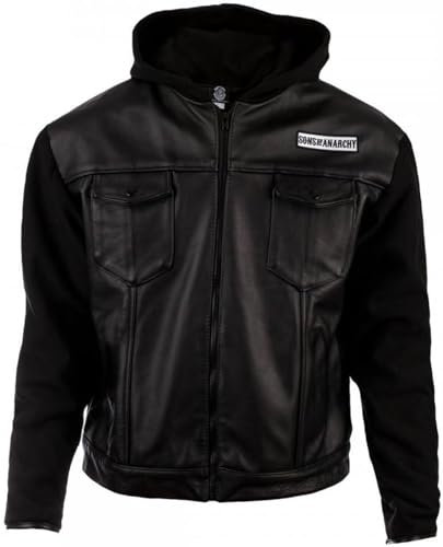 MERCH ATTIRE SOA Herren Lederweste mit Skelett-Design, Biker, Motorrad, Jax Teller Club, Moto-Cosplay-Weste, Schwarzer Hoodie - Wolle/Kunstleder, 4XL