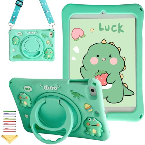 Kids Case for iPad iPad Mini 5 2019 & iPad Mini 4 2015 with 360° Rotating Handle Stand/Shoulder Strap, UUcovers Soft Silicone 3D Cartoon Cover for iPad Mini 5th/4th Generation 7.9, Green Dinosaur