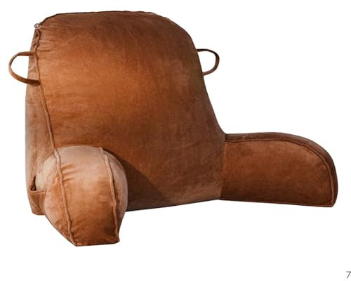 GKXLH Lesekissen – Samt-Lesekissen zum Sitzen im Bett für Erwachsene und Kinder, Rückenkissen für Kinder, Doppelgriff, Rücken-Armstütze, Bettauflagekissen mit Arm und Tasche & waschbarem Bezug (Kaffee