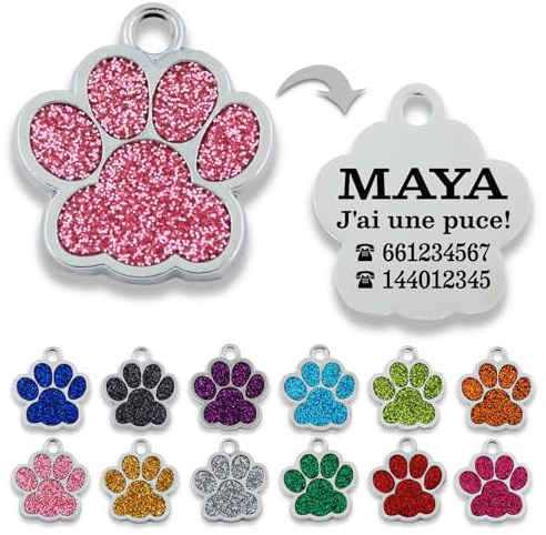 ibera gifts - Medaille Chien Avec Gravure Forme Patte 27 x 29 mm En Métal Allié Pour Petits Et Moyens Chiens Et Chats - Médaille Chien Gravée Personnalisée Durable (Rose)