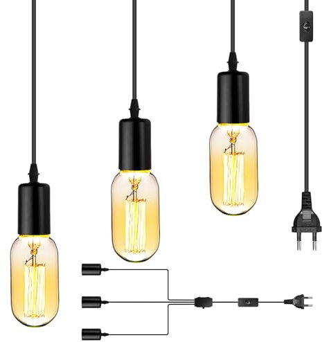 Pendelleuchte 3-flammig: Einstellbar Hängelampe mit Stecker 4.8M, DIY Lampenfassung mit Kabel, E27 Lampenfassung für Esszimmer, Küche, Wohnzimmer, Flur, Treppe und Schlafzimmer, Schwarz