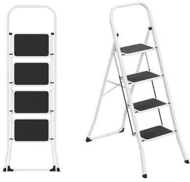 LZQ Klappleiter Trittleiter 4 Stufen – Haushaltsleiter klappbar mit rutschfesten Stufen & stabilem Stahlrahmen, platzsparend faltbar, 150 kg Tragkraft, Klapptritt für Küche, Büro, Balkon