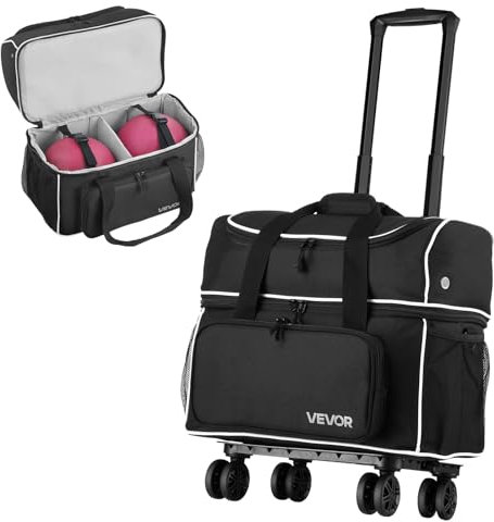 VEVOR Bowlingballtasche für 2 Bälle mit Vier Rollen & separatem Fach für Schuhe (bis US-Größe 16) & übergroßer Zubehörtasche, einziehbarer Griff lässt Sich auf 95 cm ausziehen Schwarz