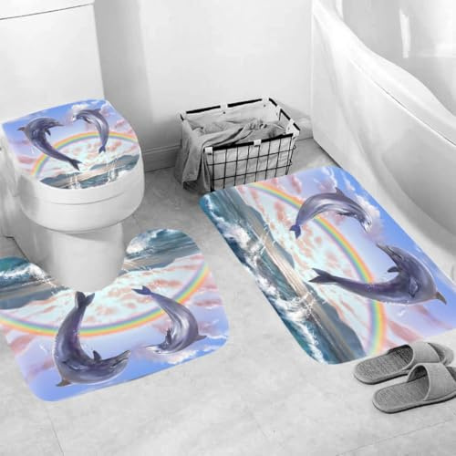 Generisch Badgarnitur 3 Teilig Badezimmerteppich Waschbar Badematte rutschfest,Wc Vorleger Mit Ausschnitt Und Badematte, Badvorleger Toilette Teppich 45X75Cm Delphin