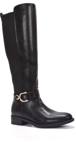 ESSEX GLAM Women's Knee High Boots Ladies Black Synthetic Leather Buckle Flat Low Heel Elasticated Calf Leg Riding Shoes Size 6