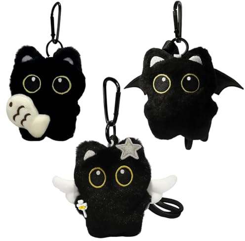 JcvPot Halloween Katze Schlüsselanhänger Plüsch, Schwarze Katze 3er Set, Taschen Anhänger Plüsch, Geschenk Katzenliebhaber, 8 Cm