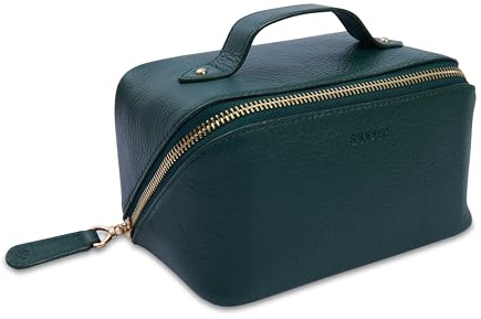 SADDLER Harriet Genuine Leather Vanity Box Cosmetic Case, Green | Hummingbird print lining adds whimsical detail to a spacious zip organiser, complete with a handle and presentation gift box.