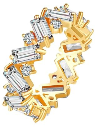 KnBoB Damen Ring Gold 585 Schlicht Design Weiß Rechteck Moissanit Ringe Verlobung Schmuck Gr.65 (20.7)