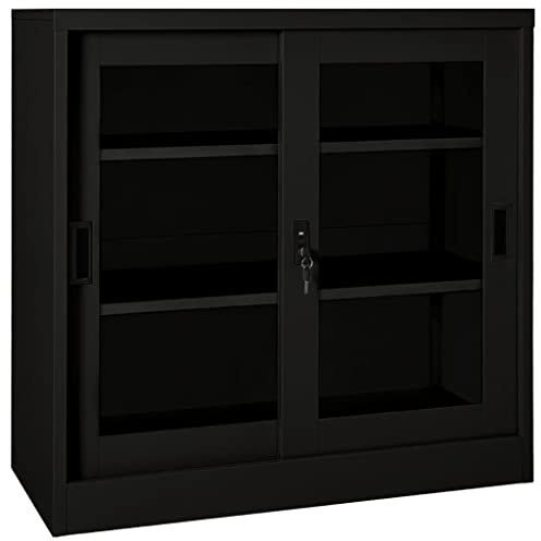 Schiebetürenschrank, weiß, 90 X 40 X 90 cm, Stahl, mit 2 Verstellbaren Einlegeböden, Schloss, für die Aufbewahrung Im Büro (Schwarz)