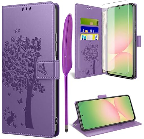 TTSWJBD Funda para Samsung Galaxy A57 5G, Morado | Cristal Templado Protector de Pantalla, PU Cuero Magnético Libro Flip, 3 Ranura Tarjeta,Función Soporte Carcasa Antiarañazos
