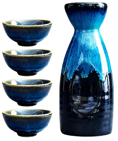 BORDEAG Juego de sake de 5 piezas/310 ml, juego de sake de cerámica japonesa, vidrio de borosilicato de alta calidad de cerámica con taza y olla de vino, elegante porcelana azul