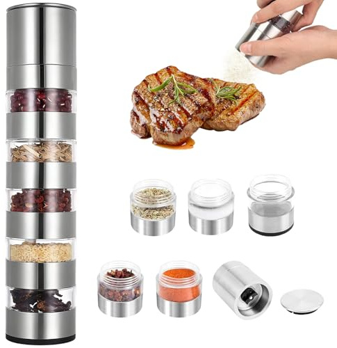 Maylatte Gewürzstreuer Camping Set 5-in-1 – Mini Tragbare Camping-Gewürzdose & Reisegewürzbox aus Edelstahl mit Mühle, All-in-One Gewürz-Set für Outdoor, Picknick & Wohnmobil
