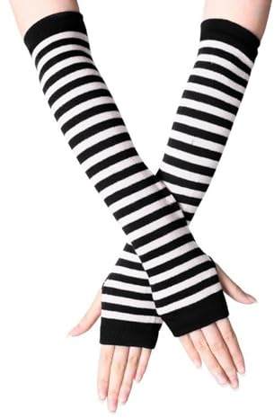 QGH 1 Pair Striped Arm Warmers – Fingerless Arm Sleeves with Thumb Hole – Black and White Punk Goth Long Gloves – Y2K EMO Costume Accessories – Unisex for Women and Men