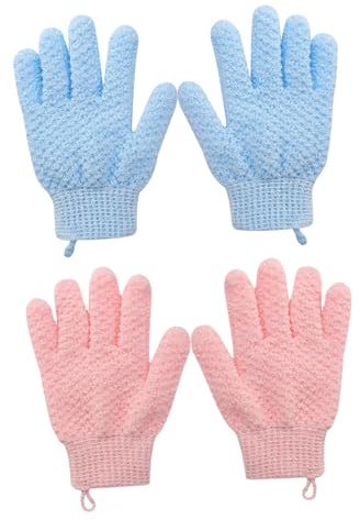 Badehandschuh Peeling 4 Stück aus Polyester mit Langem Band | Tiefenreinigung unter Dusche, Entfernt Abgestorbene Haut und Hornhaut, Zwei Paar für Körperpflege