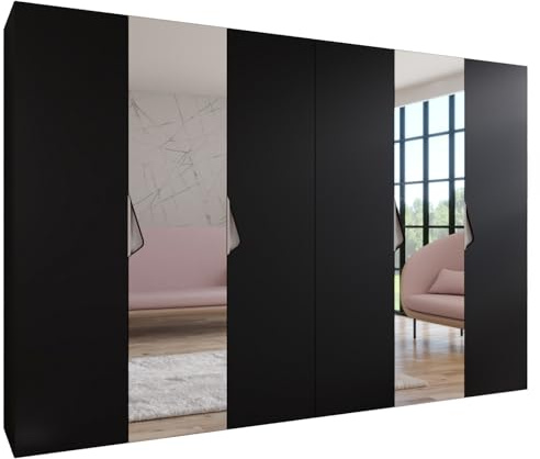 MEBLE KRYSPOL - Kleiderschrank - Garderobenschrank - 300 cm x 202 x 52 cm - Schrank mit Kleiderstange und Spiegel, 6 Türen - für Schlafzimmer, Flur - SANDI, Schwarz, Griff Kaschmir
