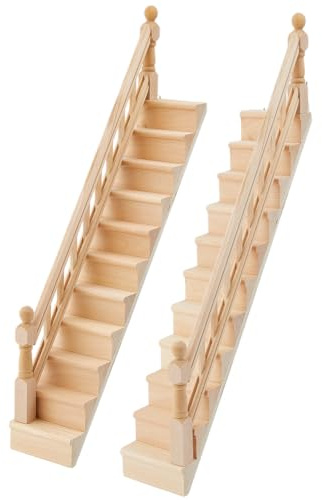 DICOSMETIC 2 Pcs Miniatur Puppenhaus Treppe 1:12 Maßstab Holztreppe Miniatur Deko Mit Einfachem Rechtsseitigem Geländer Puppenhaus Möbel Modell Mini Haus Zubehör Für Szenen Landschaftsdekoration