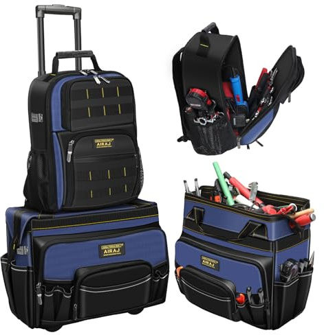 AIRAJ 21 Rolling Tool Bag on Wheels & 18 Tool Backpack Set | Adjustable Telescoping Handle | Waterproof Tool Bag | Tool Backpack Heavy Duty | 1680D Oxford Cloth | USB Charging Port | 55 Pockets