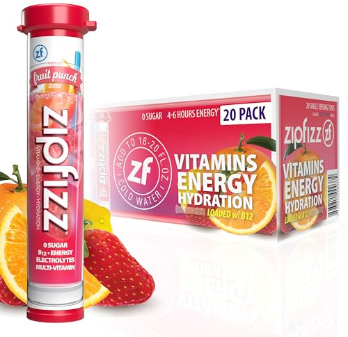 Zipfizz Energy Drink Powder, 20 Pack Electrolyte Mix with B12 - Fruit Punch