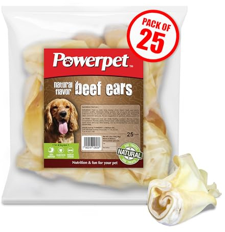 Powerpet Beef Ears for Dogs - Premium Quality Treats, Low Fat, High Protein, Long-Lasting Chews - Easy Digestion- Healthy & Clean Teeth & Gums - for All Breed Size- 100% Natural Cow Flavor, Pack of 25