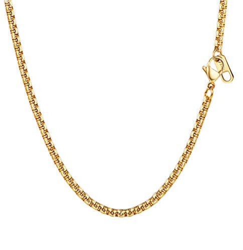 PROSTEEL Box Chain Necklace for Men Women Thin Chain Gold Plated 3MM 20 Length Stainless Steel Jewellery (Send Gift Box)