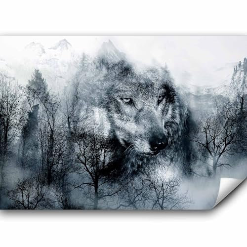 murando Fototapete selbstklebend Wolf 343x256cm Foto Tapete Tapetenfolie Möbelfolie Wandverkleidung Wandtapete Motivtapeten Bildtapete Wohnzimmer Schlafzimmer 3d Effekt Wald schwarz-weiß g-A-0139-a-b