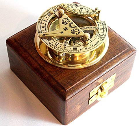 Sonnenuhr aus Messing, Kompass, Massive Messing-Taschen-Sonnenuhr – West London mit Holzbox