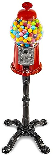 Gumball Bubble Machine - 15 Inch Candy Dispenser with Stand for 0.62 Inch - Heavy Duty Red Metal with Large Glass Bowl - Easy Twist-Off Refill - Free or Coin Operated - by The Candery